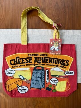 Trader Joe's Cheese Adventures Red Canvas Tote Bag with Yellow Handles